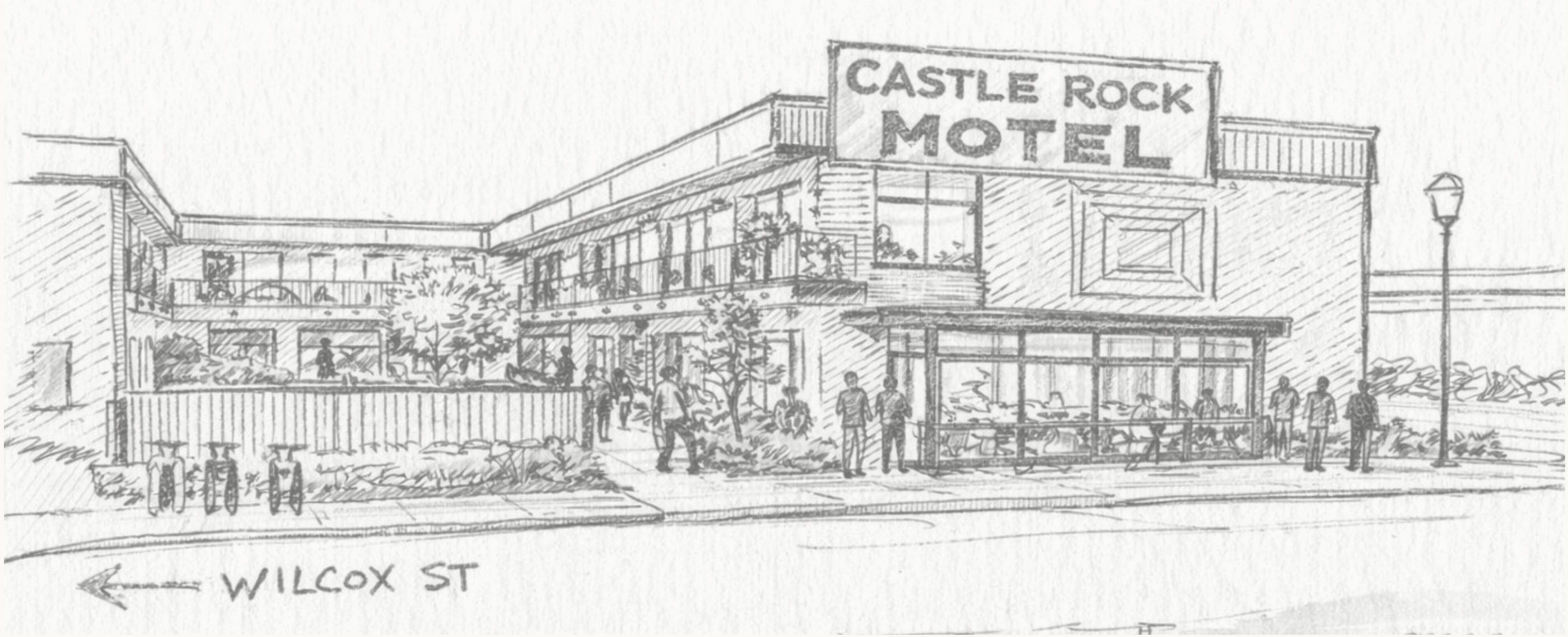 Architectural sketch of The Castle Rock Motel